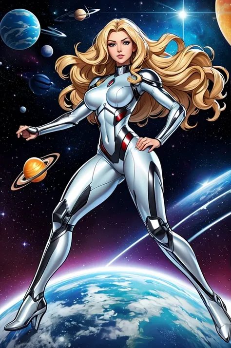 best quality, masterpiece, woman space super hero, beautiful face,full body,hi-tech armour over silver latex suit, long curly bl...