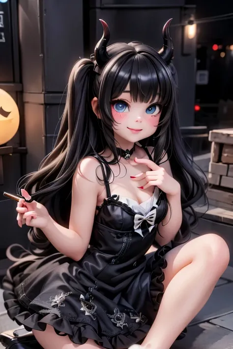 masterpiece, best quality, a cute horned demon smiling, slouching to the front, intense blue smokey eyes makeup, summer dress, Lolita pumps, city at night