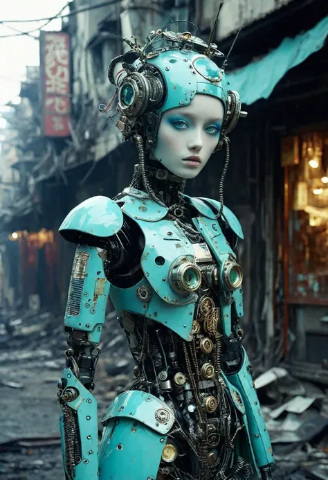 Full body photograph by Tim Walker. Little funny robot, porcelain face and head, big turquoise eyes, perfect eyes, best quality in neo-Harajuku style, embodying the mood of a post-apocalyptic world, intricate details of the robot, space outfit highlighted ...