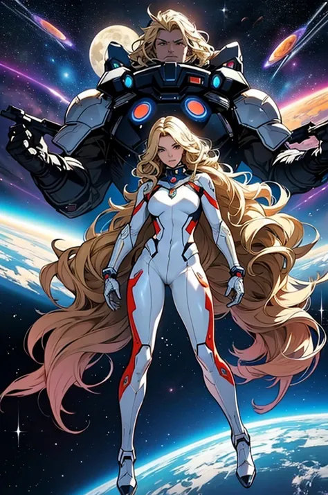 best quality, masterpiece, woman space super hero, beautiful face,full body,hi-tech armour over silver latex suit, long curly blonde hair,flying in heroic pose in deep space, with several planets and suns in the background
