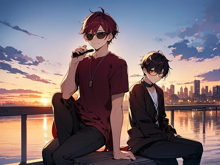 (masterpiece:1.3), (High resolution), (8K), (very detailed), 2boy, ２young people, backwards, The background is the city at sunset, backwards, The background is the city at sunset,  ベンチでsit, Bad friend and a young man with wine-red hair and sunglasses, sit　...