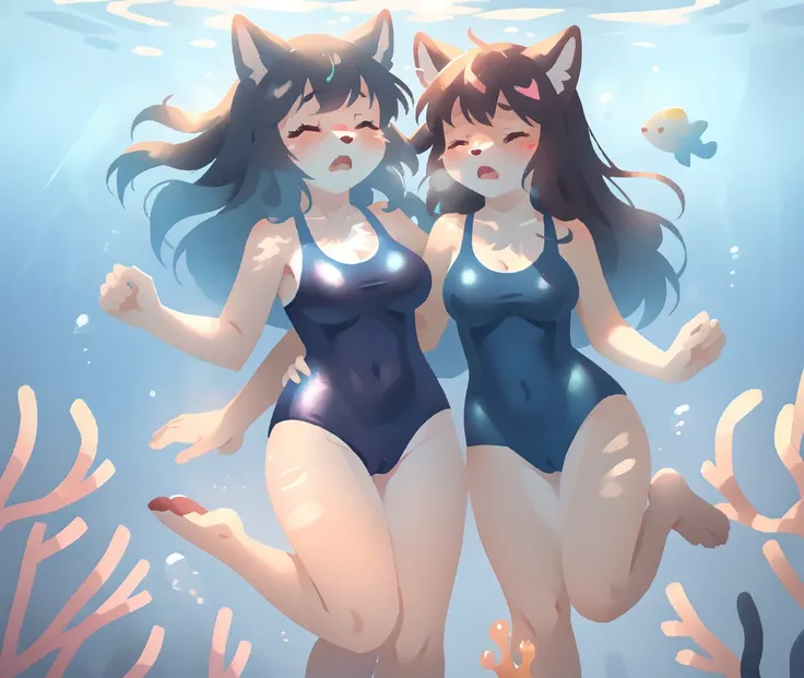 furry, fur, tail, anthro female, female furry, detailed fur, best quality, HD, full body, cameltoe, 5girls, 5 girls in beach, multiple subjects, group, team, adult female, group shot, group blue one-piece swimsuit, blue one-piece swimsuit, old school swims...