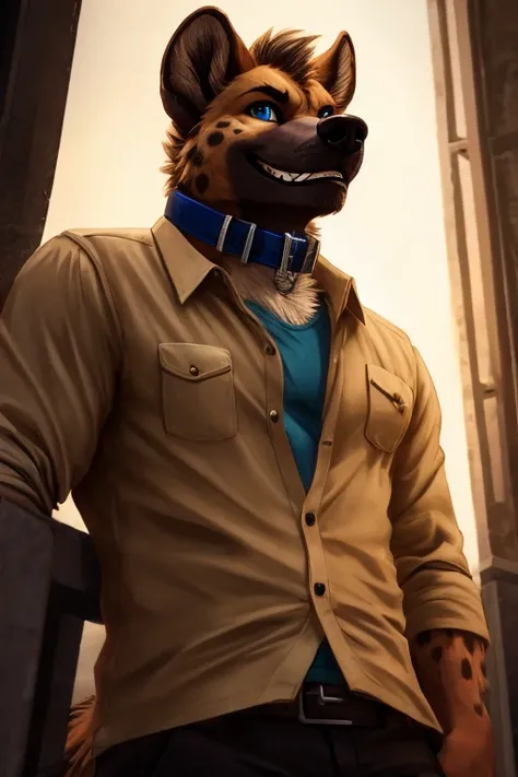 handsome, hyena, scruffy fringe, wearing a pale yellow buttoned shirt, blue collar, eyes with a mischievous glint, blue eyes, average build, good eyes, warm lighting, 8k semi realistic, low angle, small grin, red high-top converses