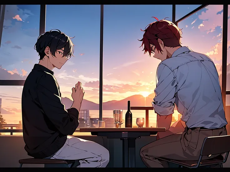 (masterpiece:1.3), (High resolution), (8K), (very detailed), 2boy, ２young people, backwards, Sunset in the backgroundの街中, backwards,turned my back, Sunset in the background, The background is the roof of the school, ベンチでsit, Bad friend and a young man with...