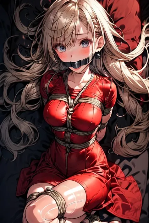 Shiny blond hair, very long hair, sophisticated haircut, ((((hair fully braided)))), ((small twisted braids)), thin and oval face, submissive, (((detailed ball-gagged:1.3))), ((((gagged)))), (((((very translucent red dress:1.7))))), ((((we can see her skin...