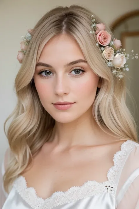 photo analogique d&#39;une femme, (expression du visage ennuyé), ash blonde hair, peignoir en satin avec broderie florale en blush, Profil, villa méditerranéenne perchée sur une colline surplombant la mer avec des fleurs colorées en fleurs