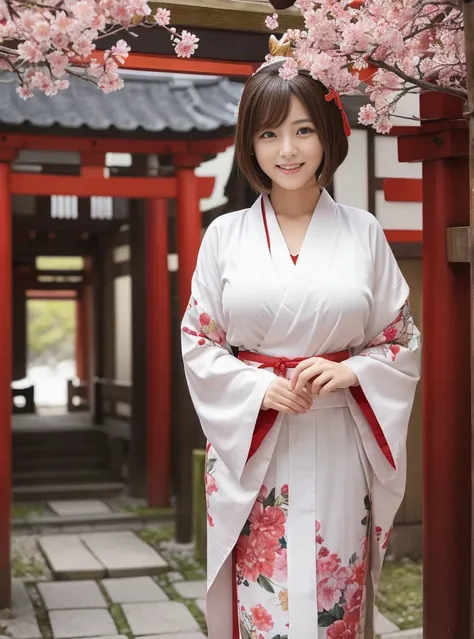 bed、It&#39;s snowing all around、sexy kimono、show your chest、Plain white kimono unbuttoned、The skirt part is red、Miko、Standing in front of the torii gate with the 神社 behind、 Sakimi-chan,, nice and cute, innocent smile, , nice smile, Sakimi-chan Hdri、 big br...