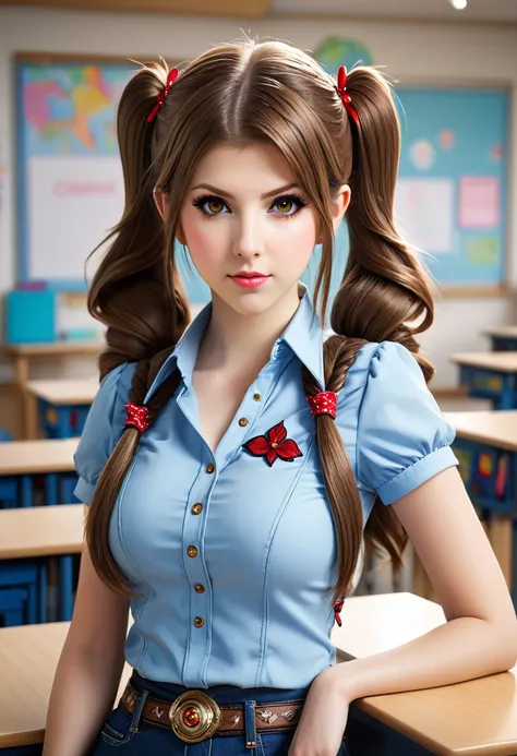 full body:1.2, cowboy shot, Anna Kendrick, (fit, slim, medium breasts), (suntan:1.2), (Long Twintails), slightly makeup, red lips, perfect face, perfect eyes, detailed face, detailed eyes, classroom, evil smirk,gyaru:1.2, (master piece:1.2, best quality:1....