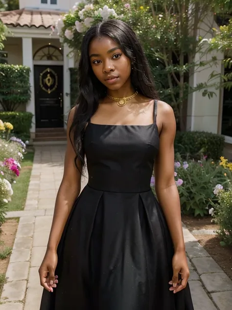 Young 15 years old black girl Marsai Martin takes photos taken with Canon EOS R 6 camera, background Entrance to a modern rich house, flowers, garden.
Marsai has very long straight black hair, she is wearing a simple green dress with a collar and long shou...