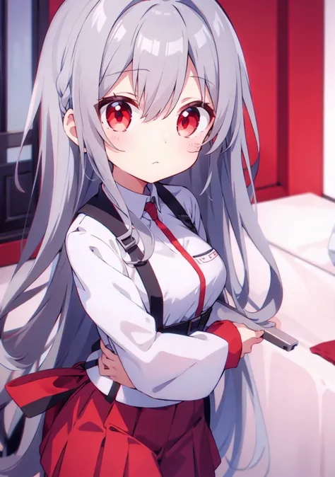 Cute anime girl with gray hair and red eyes 