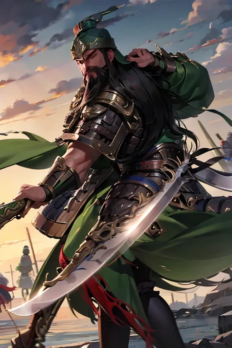 guanyu
green armor
long heavy beards
long handle blade