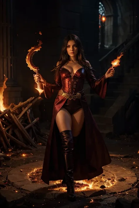 A captivating sorceress stands in a circle of fire, her crimson robes ablaze with arcane energy, while holding a wand tipped with dragons breath and her eyes alight with the flames of power.