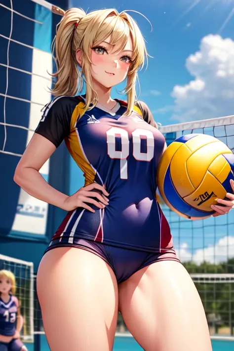 young woman volleyball player, blonde, gray eyes, big hips and thighs. 