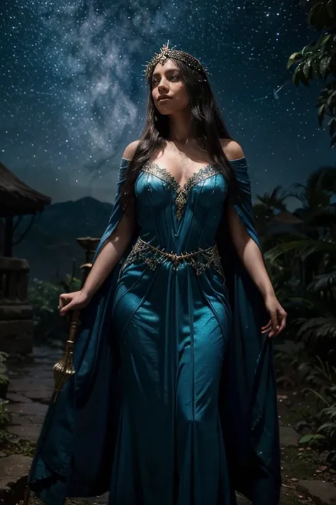 A mesmerizing enchantress stands beneath a canopy of stars, her cloak woven from strands of moonlight, while holding a staff adorned with crystals and her voice echoing with the wisdom of the ages.