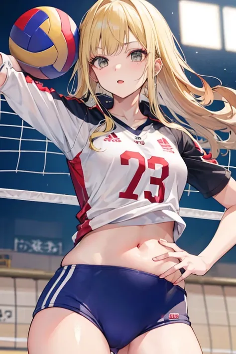 Young woman volleyball player, blonde, gray eyes, big hips and thighs, small breasts.   