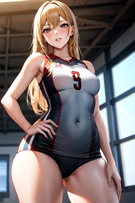 Young woman volleyball player, blonde, gray eyes, big hips and thighs, small breasts.   