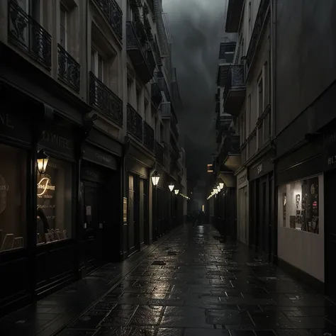 dark and gloomy street, located in Paris, conocida por albergar un viejo edificio. The atmosphere is gloomy and oppressive, con calles estrechas y mal iluminadas, which contributes to the sense of danger and suspense that permeates the story.