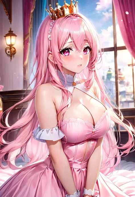 Rosa, 18 years old, long light pink hair, pink eyes, big breasts, big ass, short pink dress, touching her breasts like a prostitute, being with the king, kissing her 