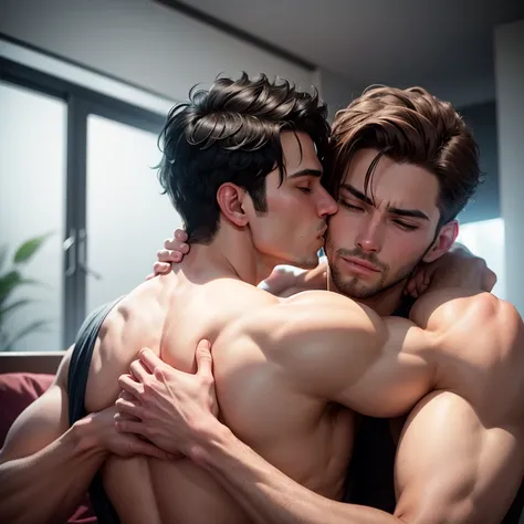 Two men are having anal sexual intercourse, the first man is hugging while kissing the second mans neck from behind
