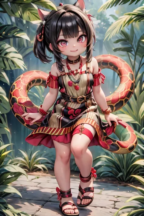 a cute serpent smiling, indigenous dress, beautiful sandals, red and black makeup stripes.