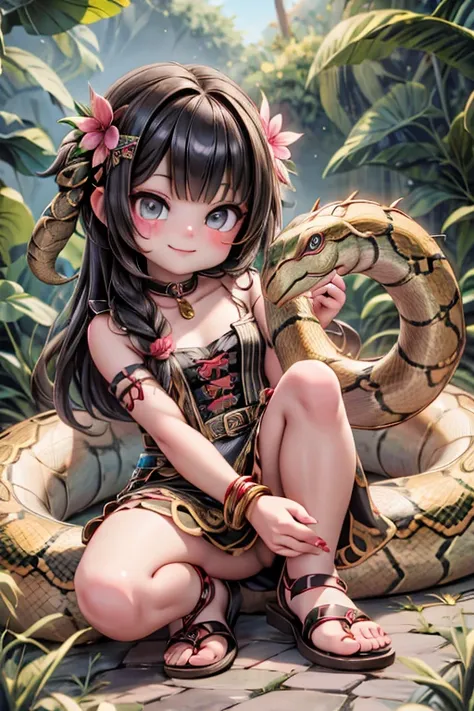 a cute serpent girl smiling, full of serpents, serpent mexican indigenous dress, beautiful sandals, war makeup face red stripes