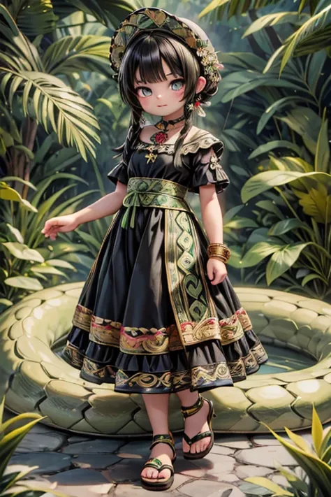 a snake girl, mexican indigenous dress, beautiful sandals, green and black clothing