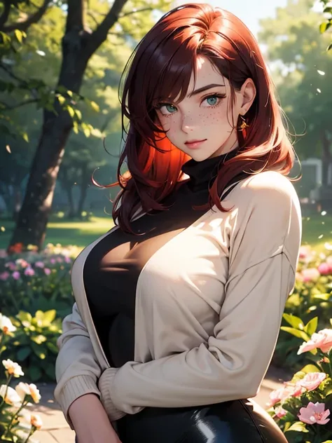 (highres,photorealistic),(portrait,concept artists),red hair,detailed freckles,green eyes,glossy lips,(soft,gentle) smile,long wavy hair,bob haircut,standing in a vibrant garden surrounded by colorful flowers,soft sunlight shining on her face and casting b...