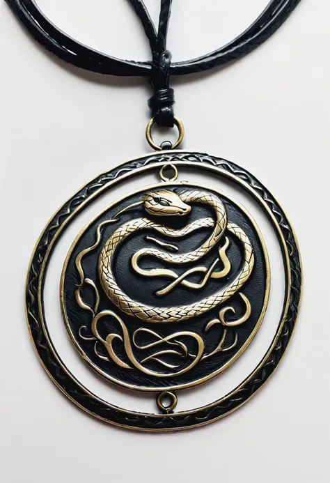 snake medallion: a rich  medallion with an engraved snake  design, hanging from a black leather cord, which can be worn around t...