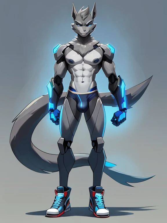 ((full body)),Male, robot Gray wolf, BLUE LCD eyes, long tail, big nipples, slim, sly, simple background,, smirk, bulge，((sneakers))，mecha body