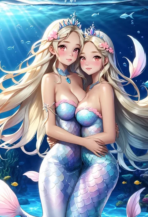 Marina uns princess mermaid 18 years old long hair light blonde coral pink eyes huge breasts with her older sister the princess coral light blue coral huge breasts hugging her huge breasts under the ocean 