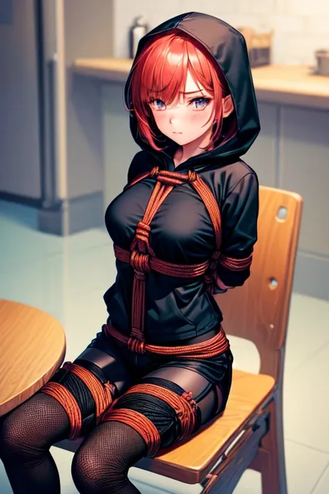 ((1 girl)), ((sitting on chair)), ((rope bondage)), ((arms behind back)), ((fully bound)), (restrained tightly), ((helpless)), (crimson hair, black hooded jacket, black shirt, black shorts, tights socks), ((blushing))