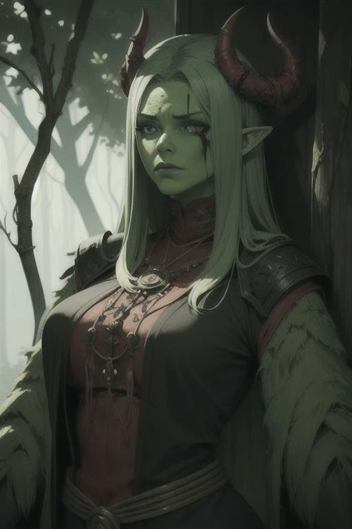 Overgrown hell life, orc priestess Vunxia, cracked skin, green skin, black veins, black blood,