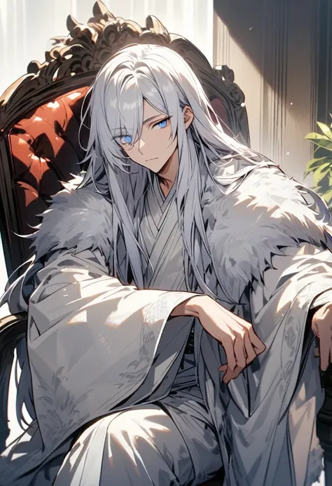 Handsome, Single, male, long hair, Hair covers the left eye, White hair, Blue eyes, White coat with fur, He wears white kimono pants, Sitting on a chair 