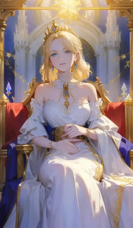 Fantasy, 19th century, empress, woman, delicate face, pale blonde hair, blue eyes, in a white royal dress with open shoulders, gold patterns on fabric, crystal jewelry, with a scarlet ribbon over the shoulder with the regalia of the monarch, Gothic castle ...