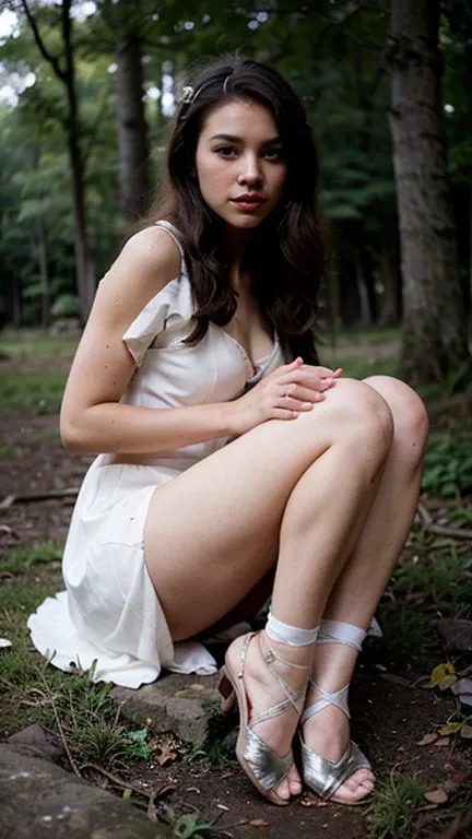 Beautiful Thai transvestite with a fine face, hermosa cabellera y deliciosas piernas, con vestido corto de cuero color piel, camina solitaria en medio un bosque oscuro, observando sus bellos pies con zapatillas de ballet. 