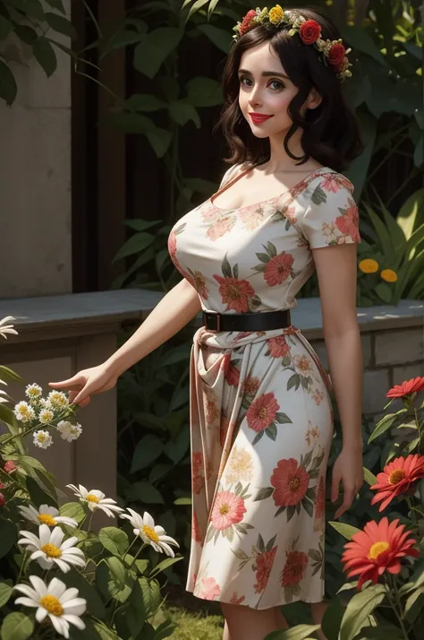 Adorable, mature Woman,detailed big-eyed woman, round face. promenent red lips. Smileing,In the garden, large ass, wearing a cute floral sun dress. flower crown, Flower belt draped around waist. Picture from the side,looking at the scenes, intense colors, ...