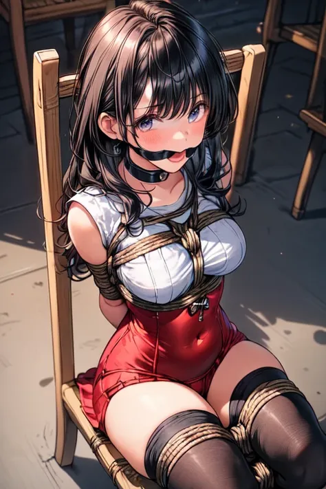 ((1 girl)), ((sitting on chair)), ((rope bondage)), ((arms behind back)), ((fully bound)), (restrained tightly), ((helpless)), (Red dress, tights socks), ((blushing))