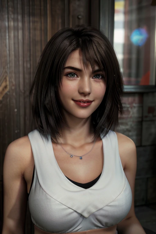 Top quality, ultra high resolution, (photorealistic: 1.4), beautiful eyes, super beautiful, short hair, beautiful breasts, lover, t-shirt with rough chest, eyes inviting viewer, lovers eyes, inviting facial expressions, sexy smile, perfect style, perfect b...