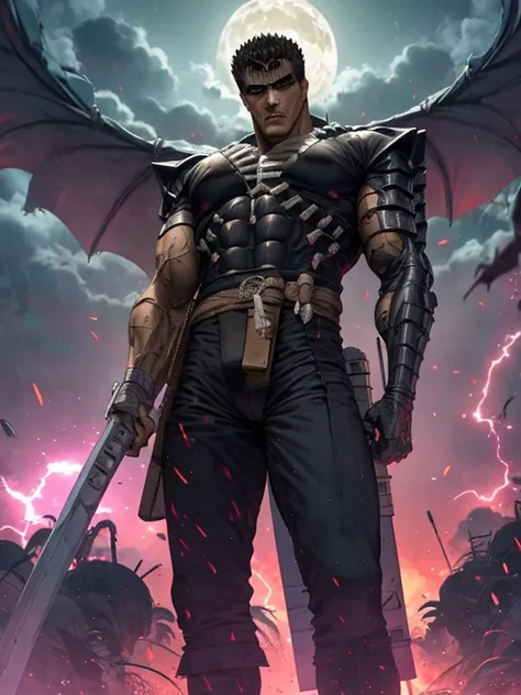 anime, 4k, espada gigante, guts, luchando en la lluvia, amenazante, capa,monstruos  esqueleto de fondo , handsome 