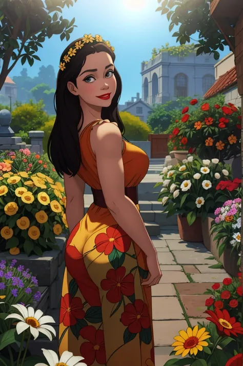 Adorable, mature Woman,detailed big-eyed woman, round face. promenent red lips. Smileing,In the garden, large ass, wearing a cute floral sun dress. flower crown, Flower belt draped around waist. Picture from the side,looking at the scenes, intense colors, ...