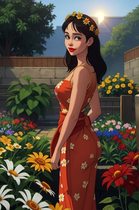 Adorable, mature Woman,detailed big-eyed woman, round face. promenent red lips. Smileing,In the garden, large ass, wearing a cute floral sun dress. flower crown, Flower belt draped around waist. Picture from the side,looking at the scenes, intense colors, ...