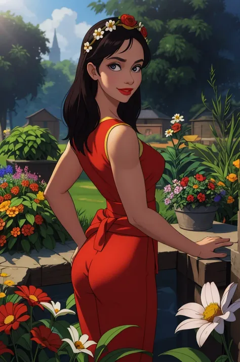 adorable, mature woman,detailed big-eyed woman, round face. promenent red lips. smileing,in the garden, large ass, wearing a cut...