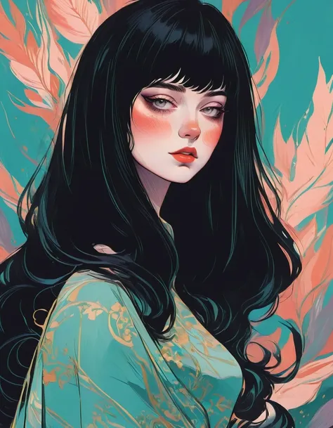 (thick and bold) ink sketch technique on sensual illustration of an elegant queen (((medium hair with bangs:1.4、Beautiful bangs) , vintage ,silky dress, matte painting, by John Singer Sargent, by Harumi Hironaka, extremely soft colors, dark fashion , Tiffa...