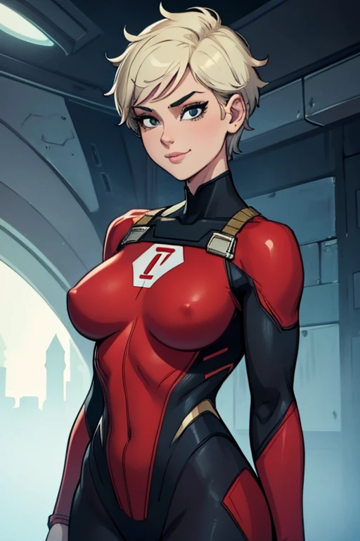 art, Best quality, absurd, 4K, aesthetics, perfect eyes, perfect face, detailed, complex, Perfect lighting) 1 girl with fair skin, short shaved hair, wears a red and black futuristic bodysuit, queen of an alien race, warrior , gentle smile
