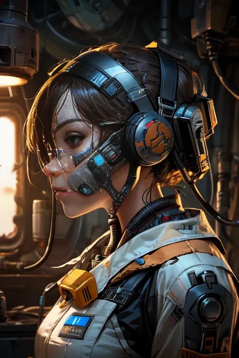 girl in medical suit, repairing a damaged droid, detailed face, proportional face, repair station, cinematic light, science fict...