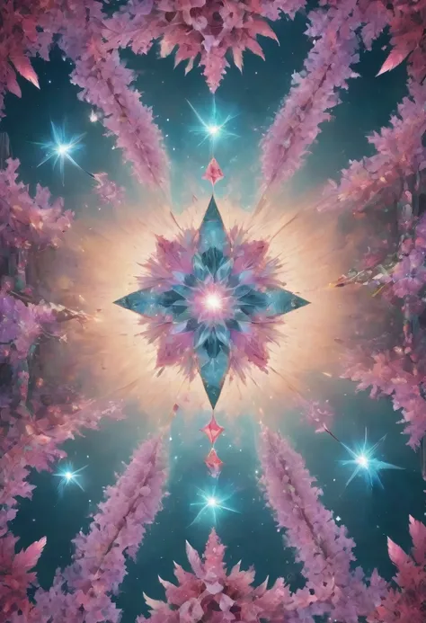 giant geometric shape, mandala sacral geometry made of LILACS flowers petals, hypnotizing, stars, golden ratioin the middle of picture, flying above the on the landscape made of fractal crystals Swarovski, glowing tesselations, centered, sharp focus, perfe...