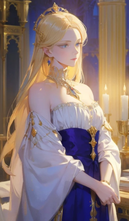 Fantasy, 19th century, empress, woman, delicate face, pale blonde hair, blue eyes, in a white royal dress with open shoulders, gold patterns on fabric, crystal jewelry, with a scarlet ribbon over the shoulder with the regalia of the monarch, Gothic castle ...