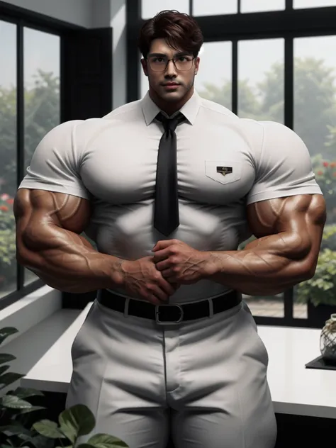 masterpiece, ONYX11, A 28-year-old mature male with strong muscles, Look at viewer, Line of sight focusing, Stand, Wearing a white short-sleeved shirt, Black tie, Breast flower, Brown hair, Indoor, Outside the window is the garden, Rimless glasses, texture...