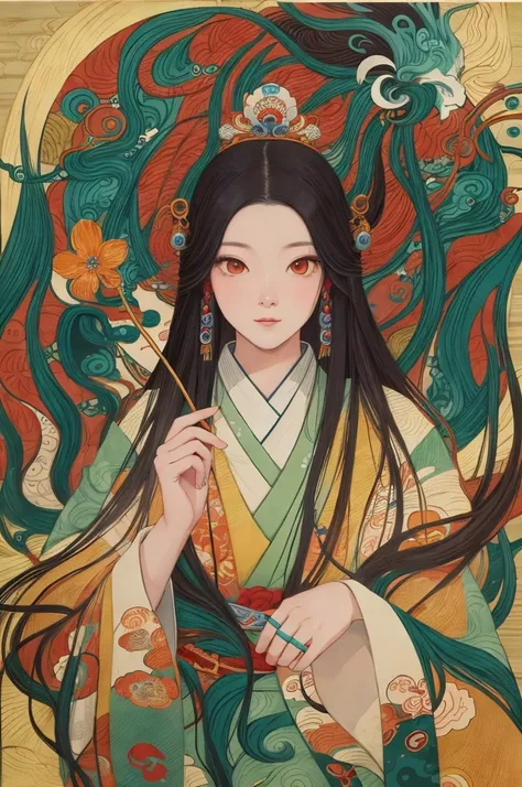 a painting of a woman with long hair and a flower in her hand, korean art nouveau anime, japanese goddess, flowing hair and long robes, anime fantasy illustration, inspired by Sōami, akira from chinese mythology, japanese art style, a beautiful kitsune wom...