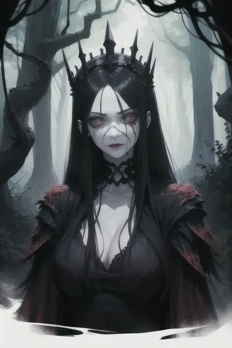 Overgrown hell Forest, death Queen Vunxia, cracked skin, pale white skin, black veins, black blood,